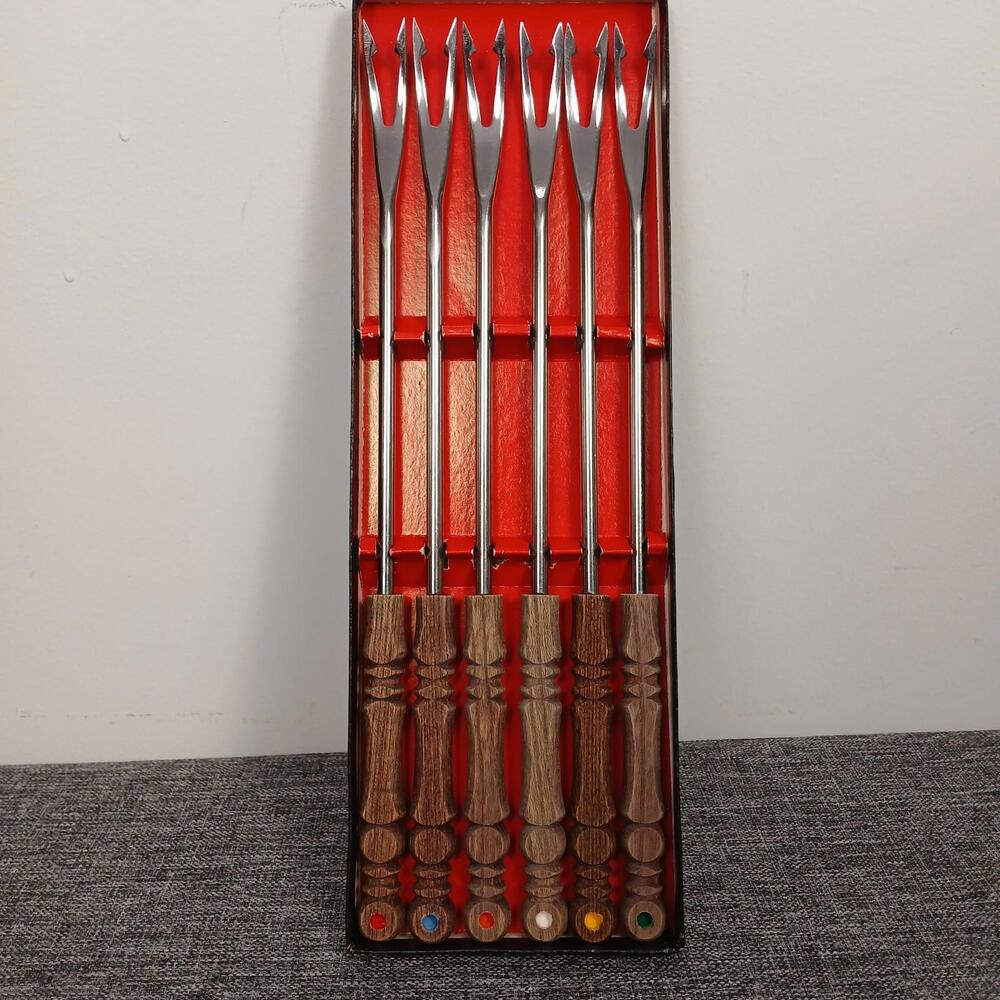 Vintage Fondue Fork Set 6 Wood Handle Color Tips w/ Box Made in Japan